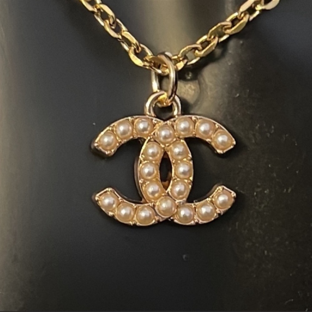 Chanel  pearl logo charm pendant necklace